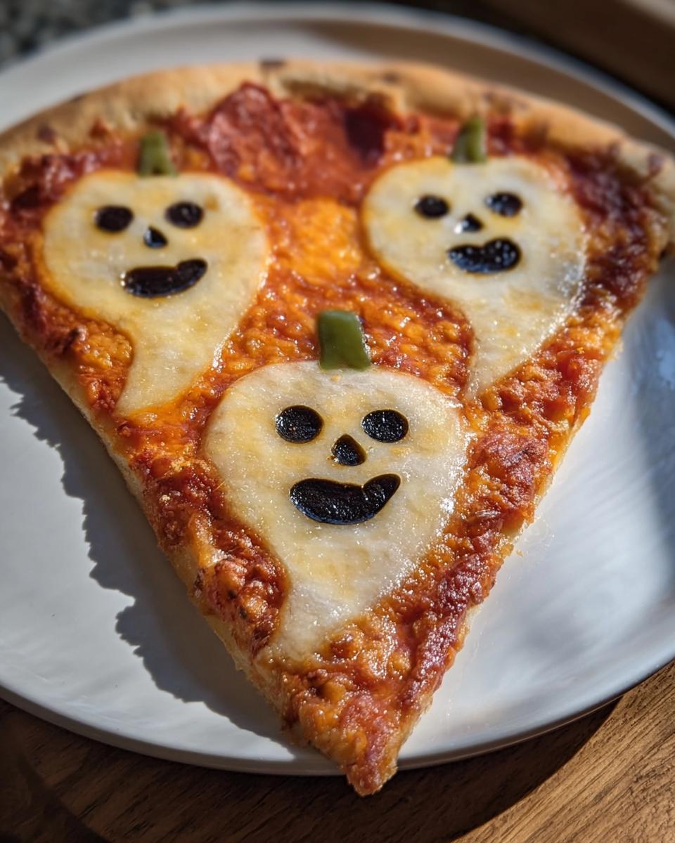A slice of pizza margherita halloween with mozzarella ghosts and olive faces.