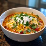 A delicious bowl of Poblano Chicken Tortilla Soup topped with cheese, sour cream, and cilantro.
