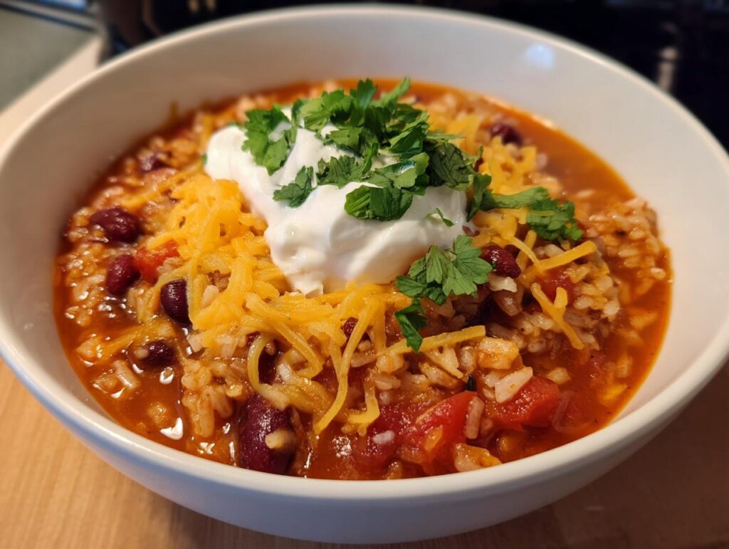 A bowl of Poblano Chicken Tortilla Soup topped with cheese, sour cream, and cilantro.