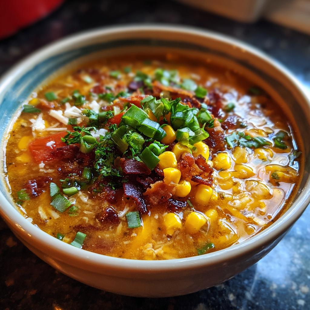 A bowl of Poblano Chicken Tortilla Soup, garnished with corn, bacon, and fresh herbs.