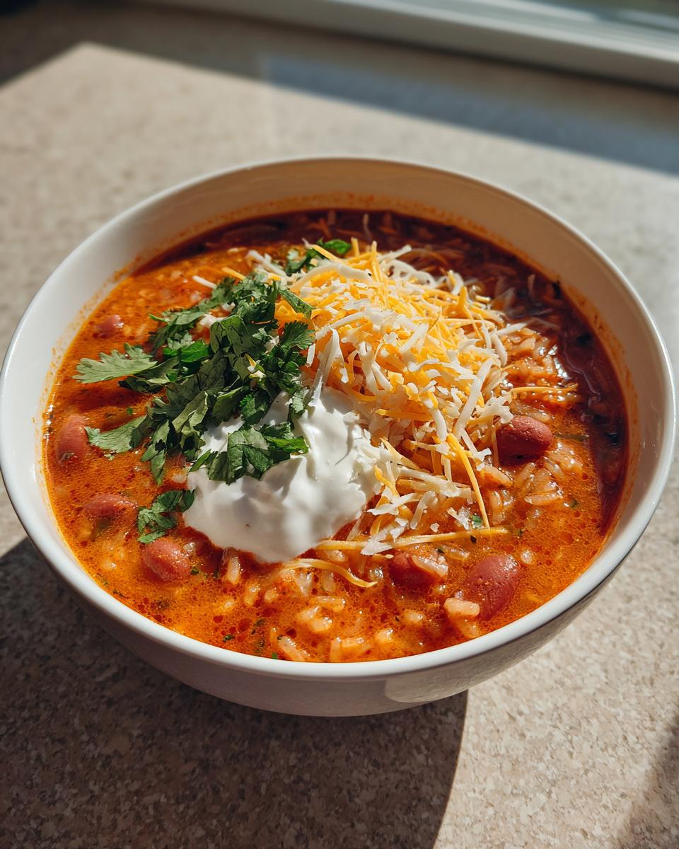A bowl of Poblano Chicken Tortilla Soup topped with cheese, cilantro, and sour cream.