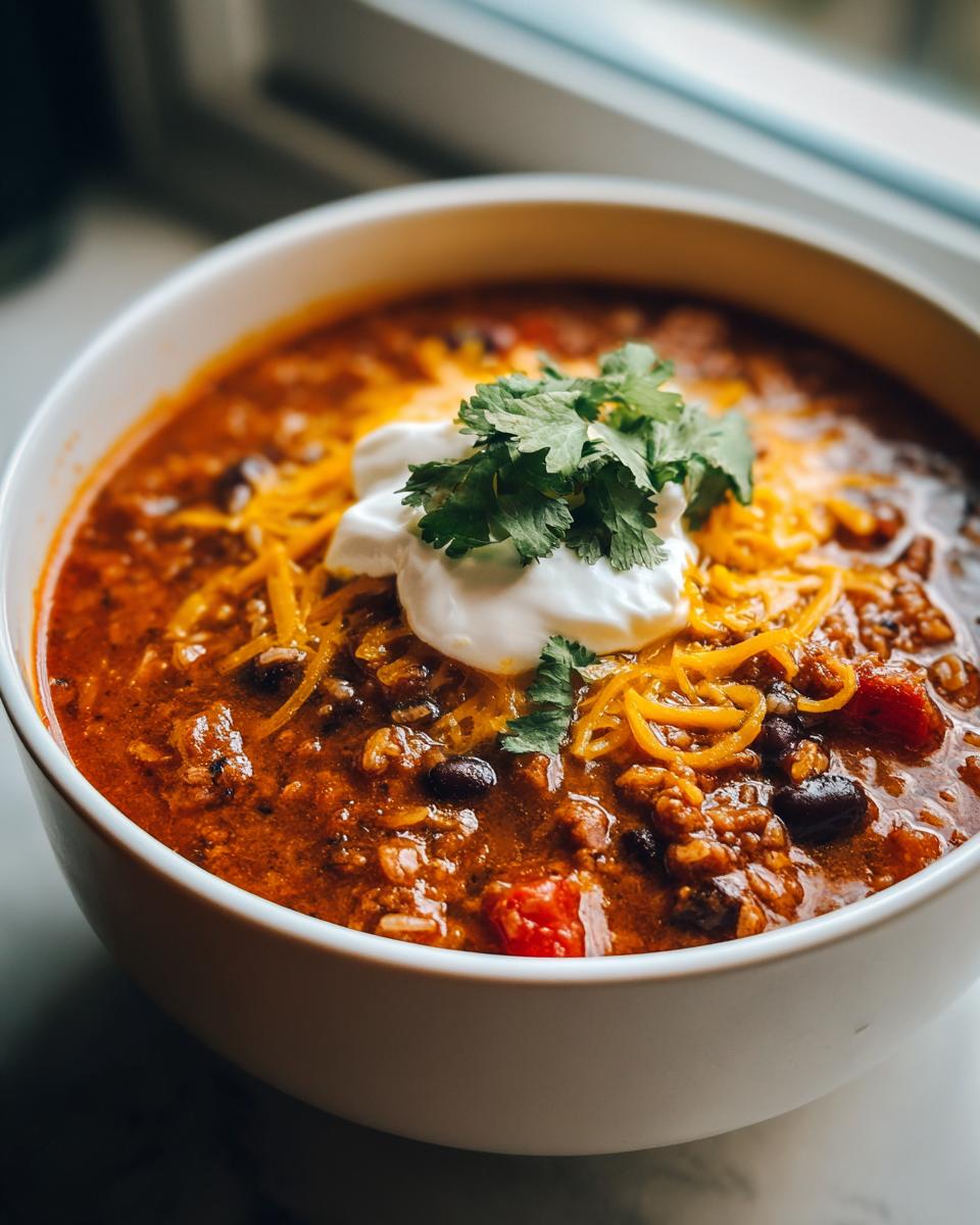 A bowl of Poblano Chicken Tortilla Soup, topped with sour cream, shredded cheese, and fresh cilantro.