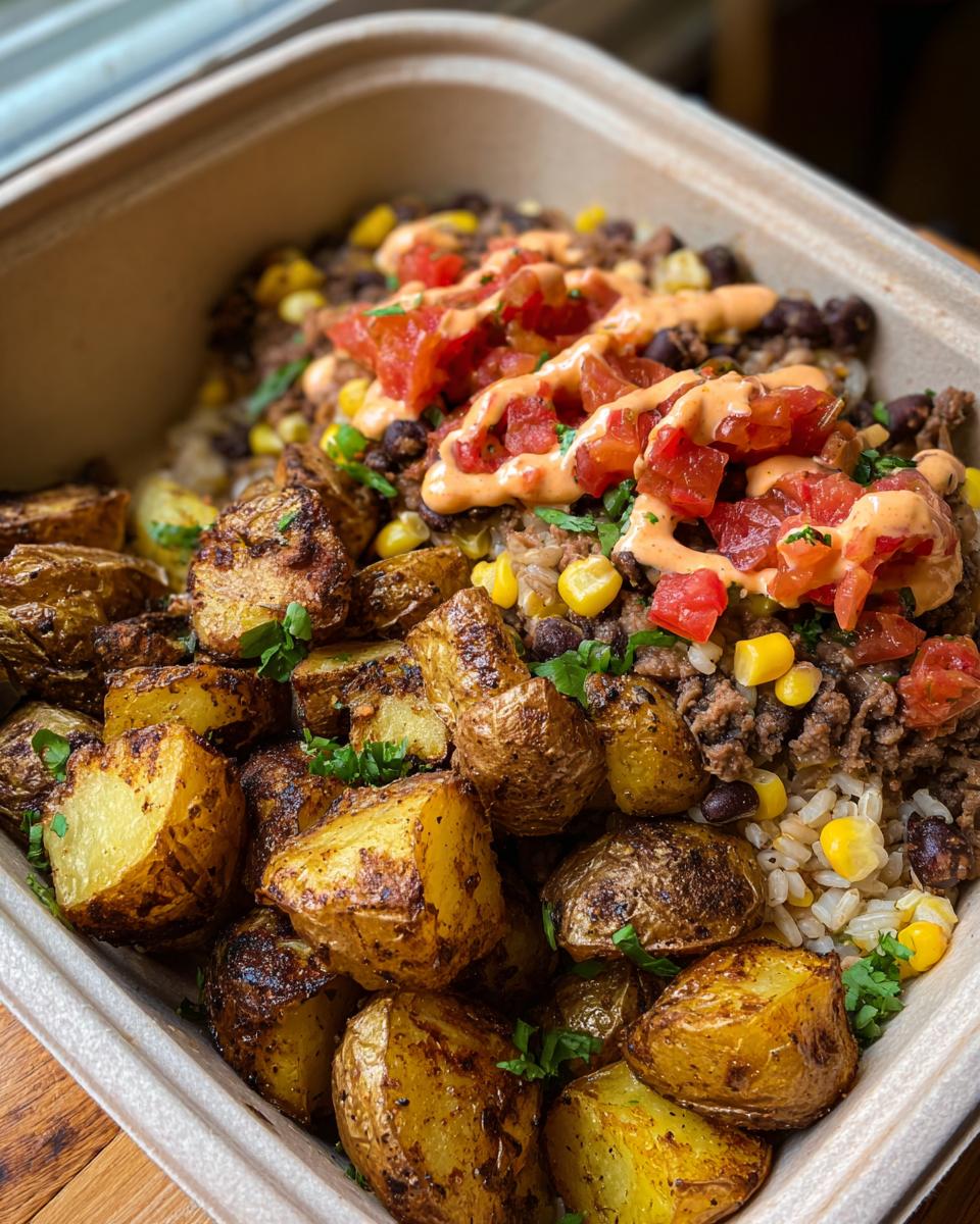 Close up of a Potato Taco Bowl with roasted potatoes, rice, corn, black beans, tomatoes, and a creamy sauce.