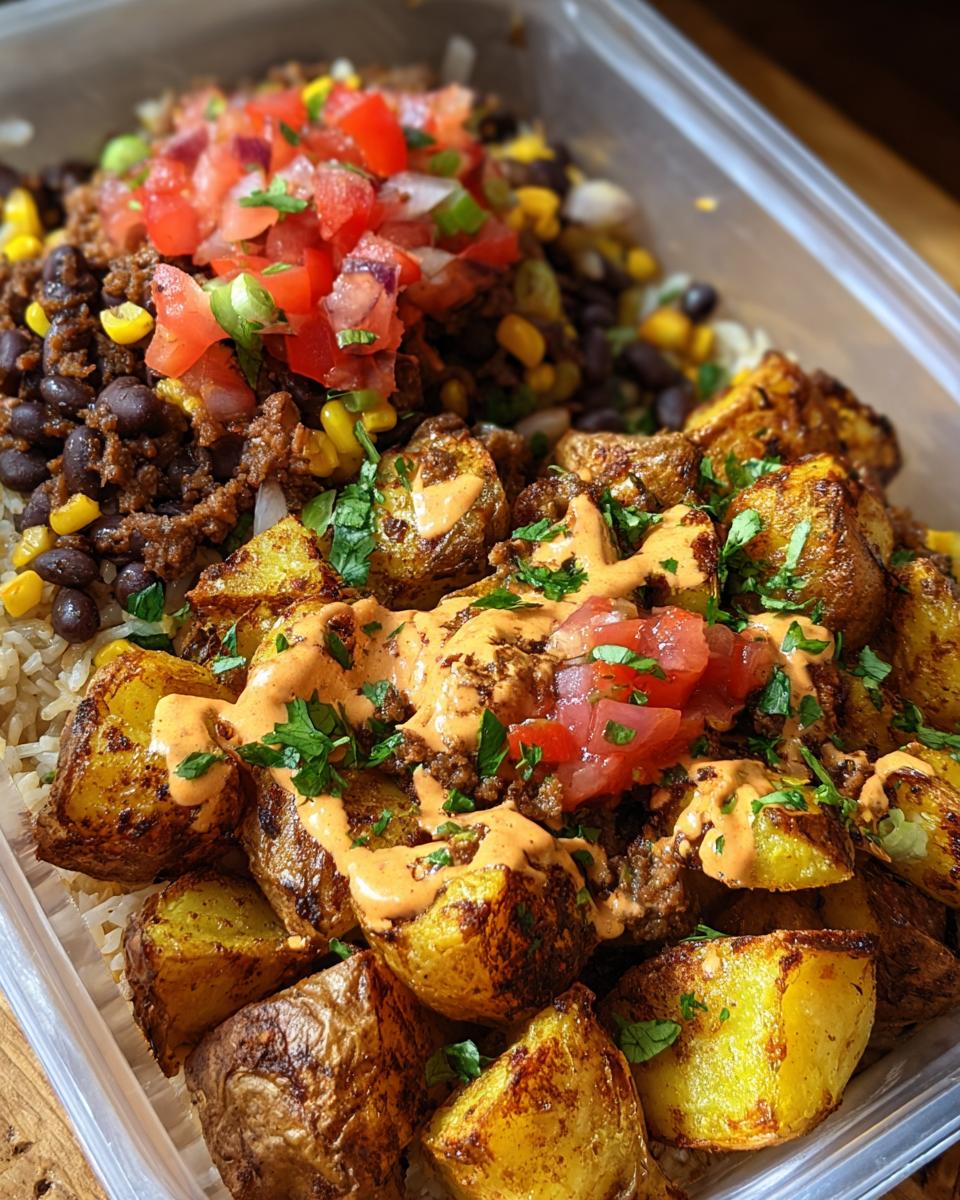 Close-up of Potato Taco Bowls with rice, beans, corn, salsa, and a creamy sauce.