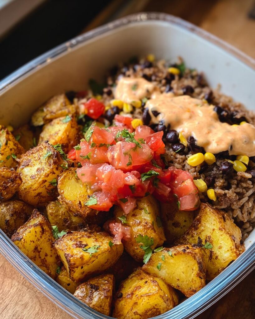 Close-up of Potato Taco Bowls with seasoned potatoes, rice, beans, corn, salsa, and a creamy sauce.