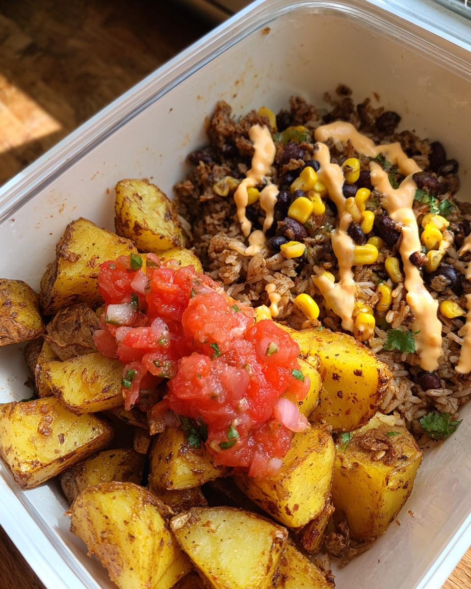 Overhead shot of a Potato Taco Bowls with seasoned potatoes, salsa, rice, corn, beans, and a creamy sauce.