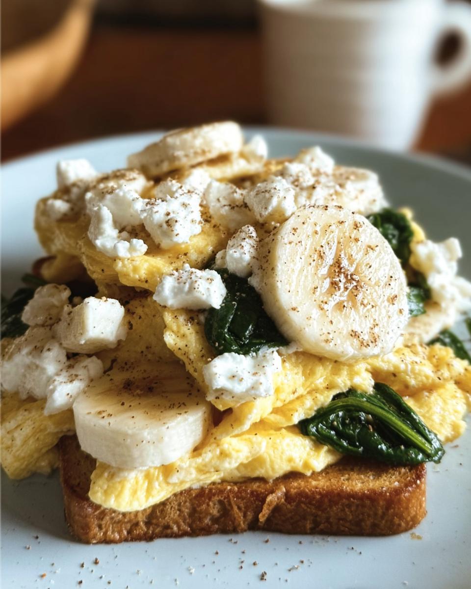 Toast topped with scrambled eggs, spinach, banana, and cottage cheese for high Protein Breakfast Recipes.