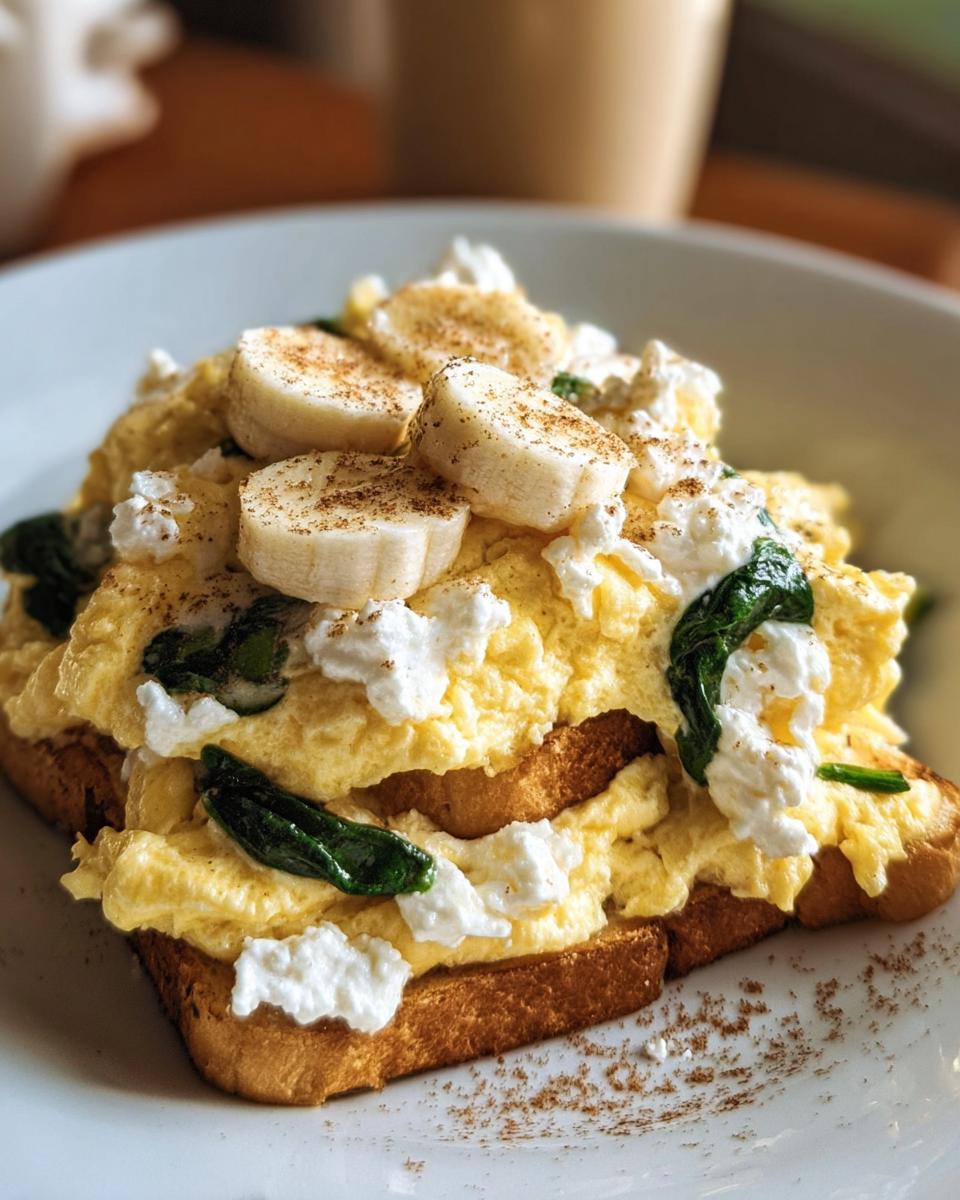 Toast topped with scrambled eggs, spinach, ricotta cheese, and banana slices, a high-protein breakfast recipes.