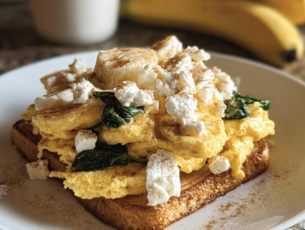 Toast topped with scrambled eggs, spinach, banana, and cottage cheese. High Protein Breakfast Recipes.