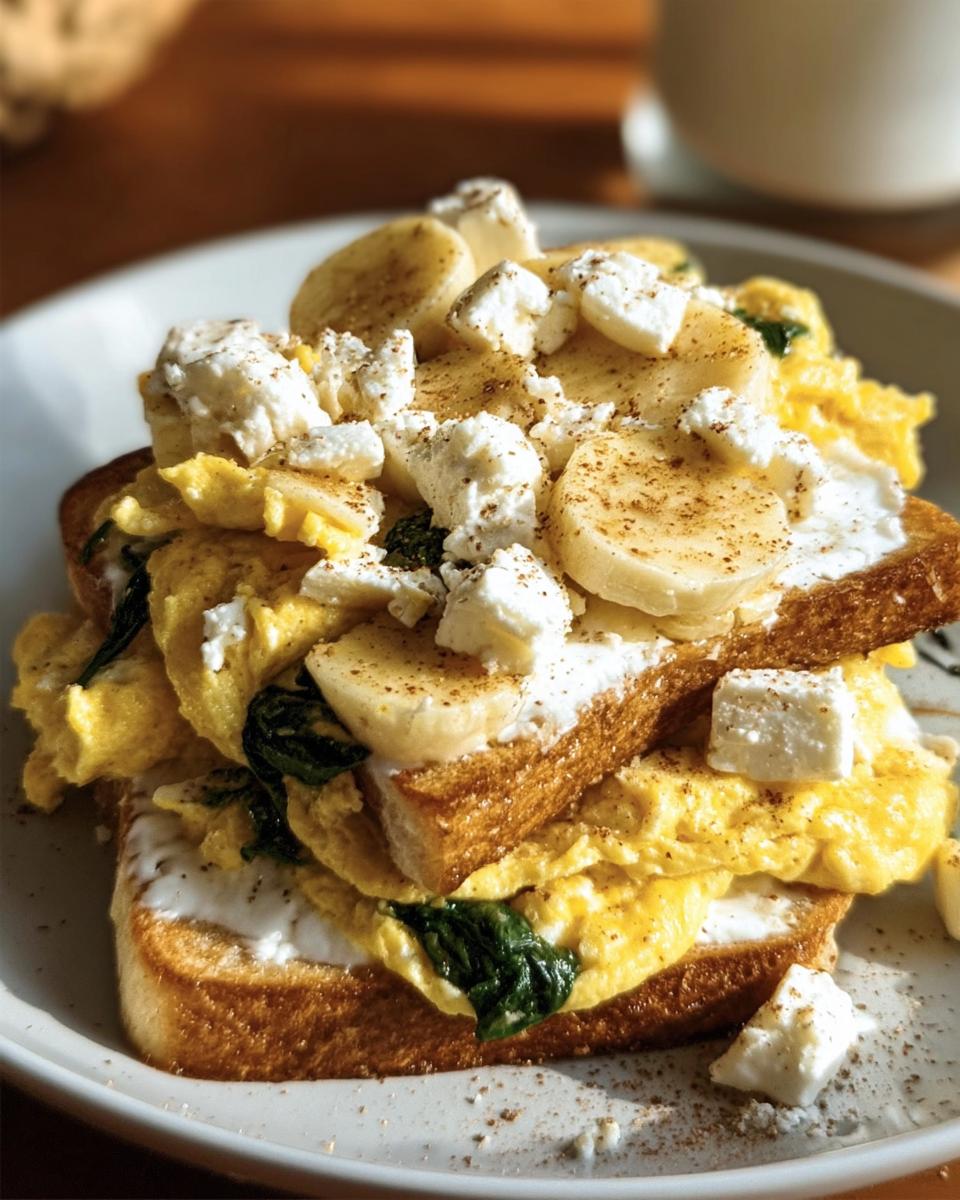 Stacked protein breakfast recipes toast with scrambled eggs, spinach, banana slices, and feta cheese.