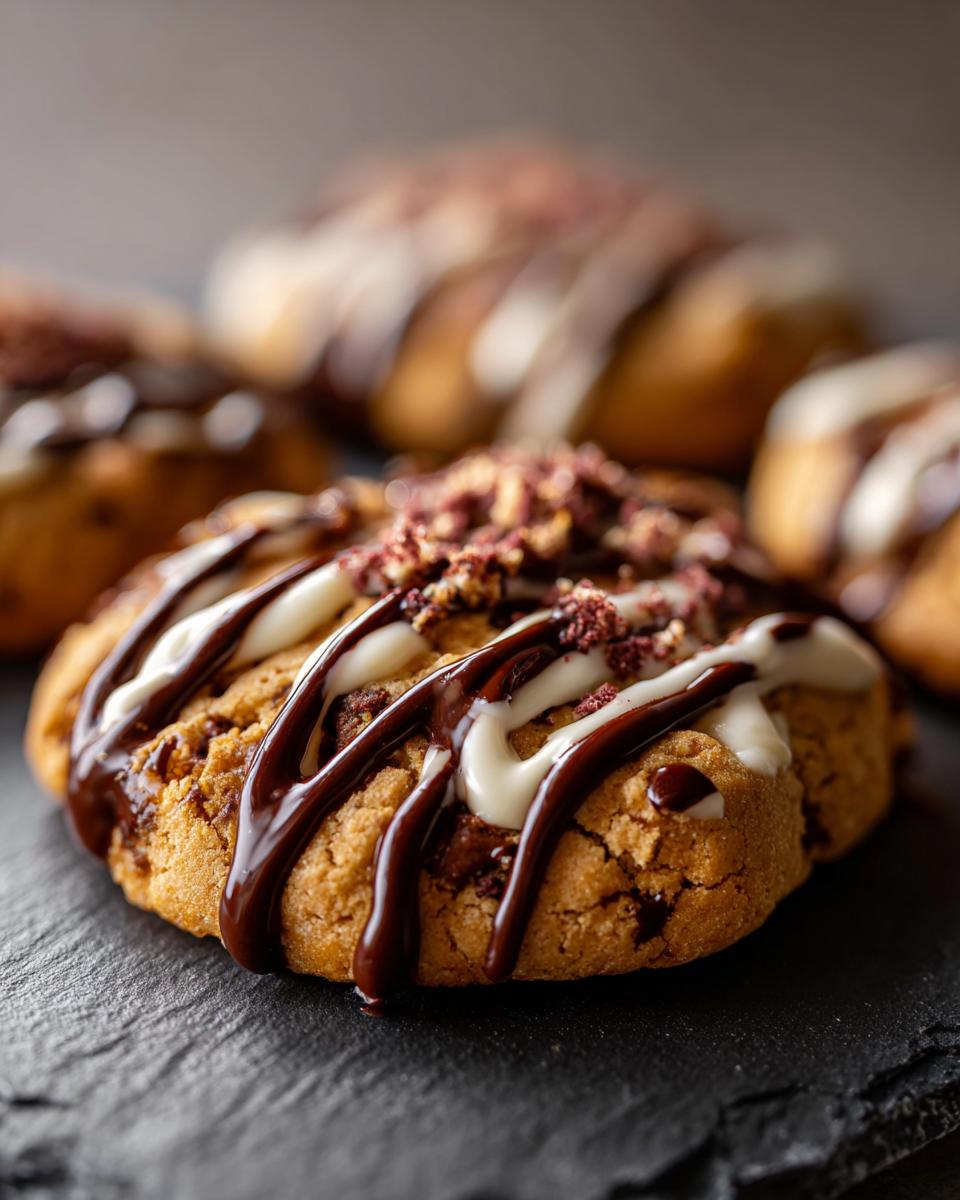 Close-up of a Protein Greek Yogurt Cookie drizzled with chocolate and white icing, topped with sprinkles.
