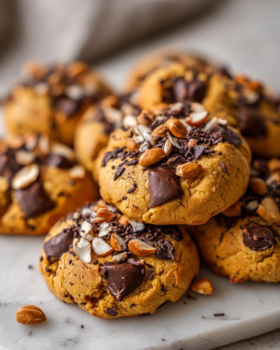 A stack of Protein Greek Yogurt Cookie with chocolate chunks and almond slivers on a marble surface.