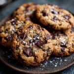 A stack of Protein Greek Yogurt Cookie with chocolate chunks and sea salt on a dark plate.