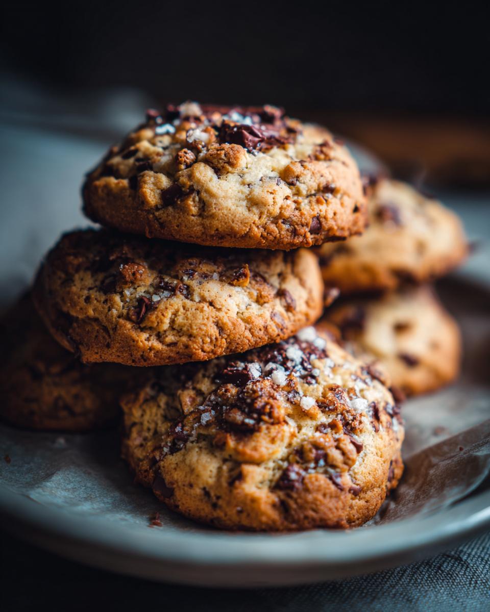 A stack of delicious Protein Greek Yogurt Cookie, topped with chocolate chips and sea salt.