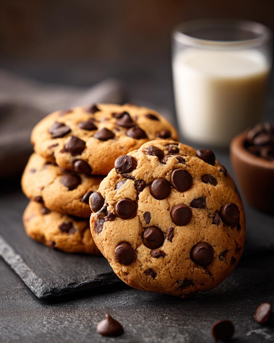 Stack of Protein Greek Yogurt Cookie with chocolate chips and a glass of milk.