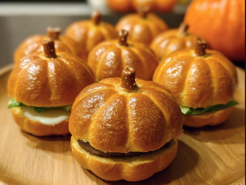 A wooden platter of Pumpkin-Shaped Sliders Halloween, styled to look like pumpkins with pretzel stems.