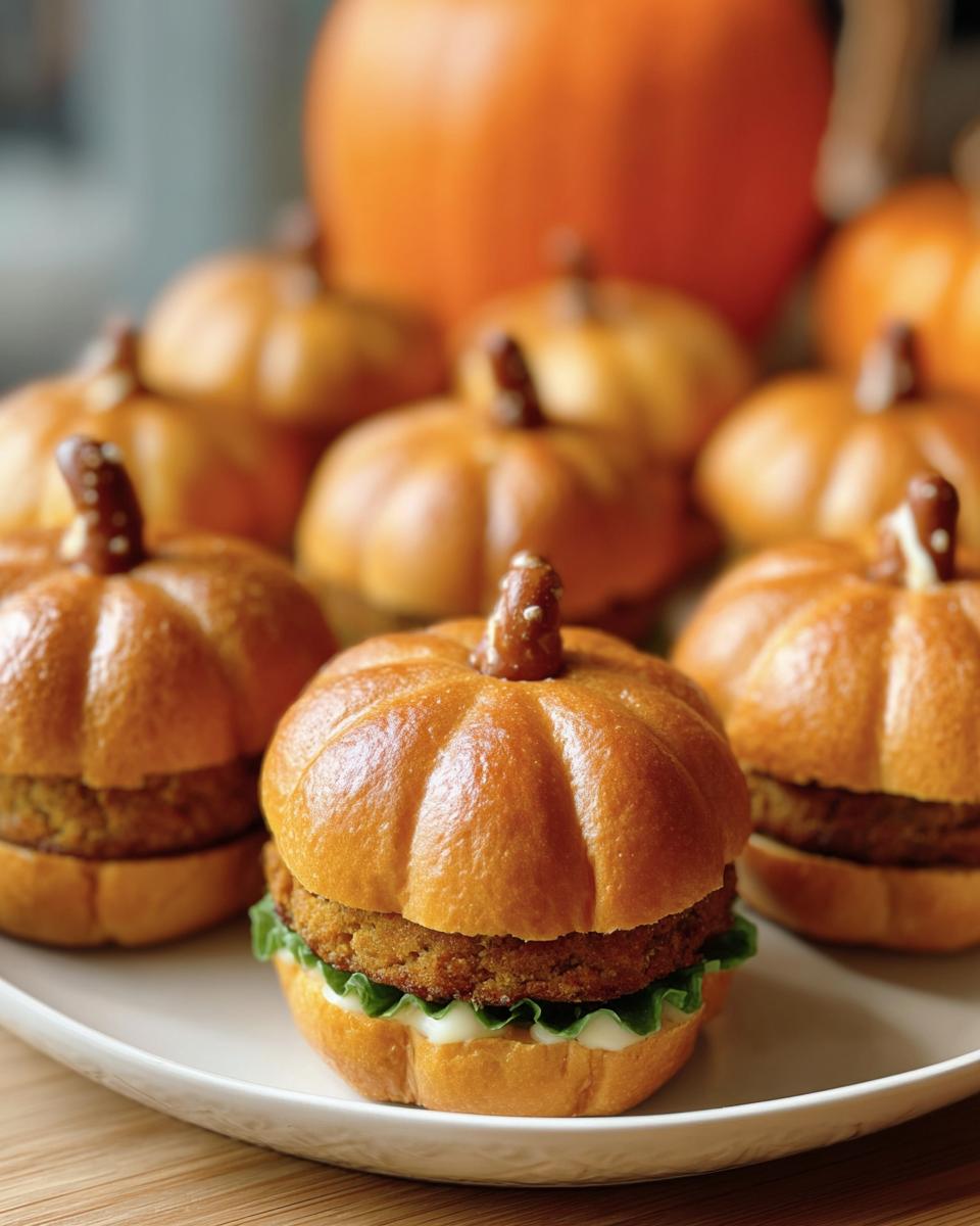 A plate of festive Pumpkin-Shaped Sliders Halloween, styled with pretzel stems and lettuce.