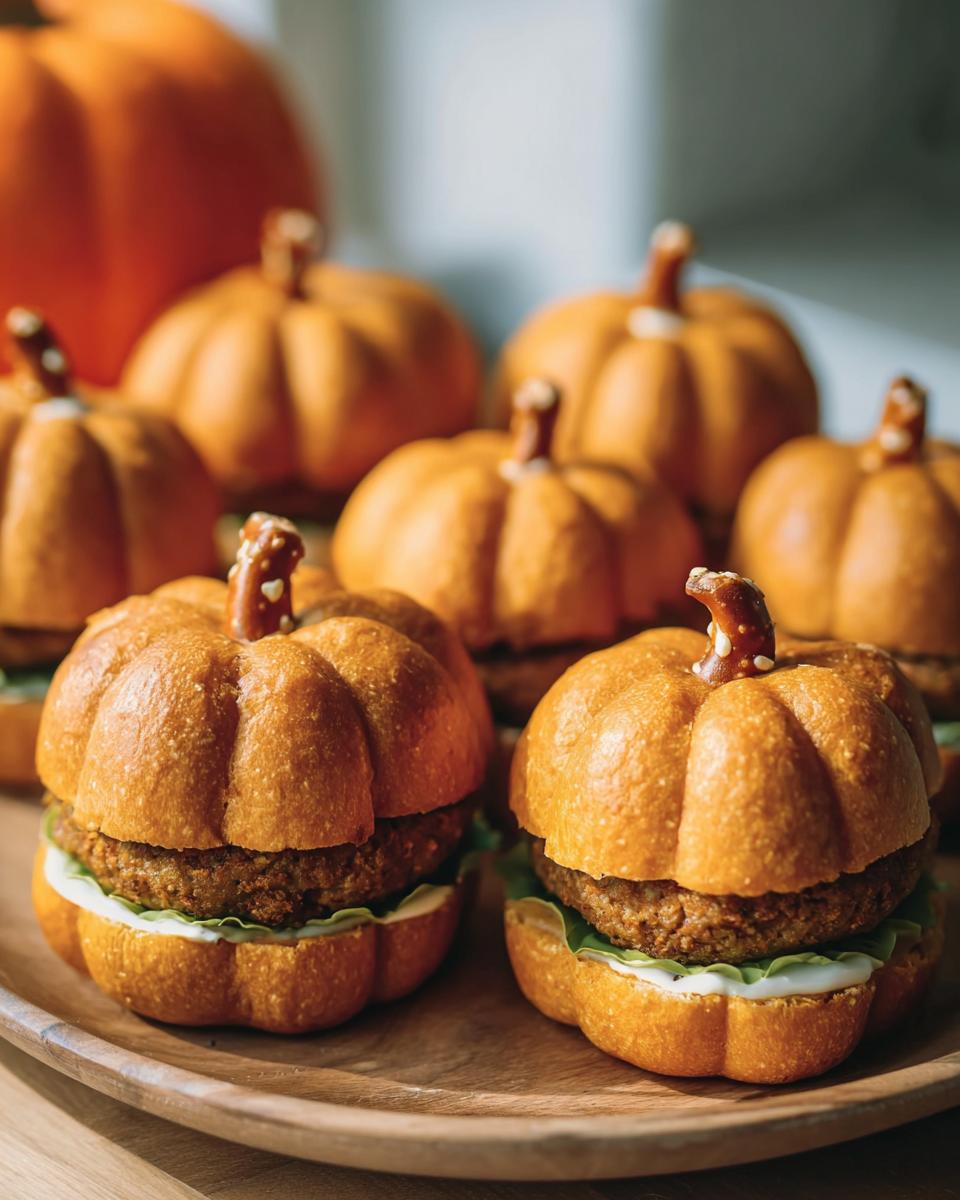 Festive Pumpkin-Shaped Sliders for Halloween, featuring pretzel stems and burger patties.