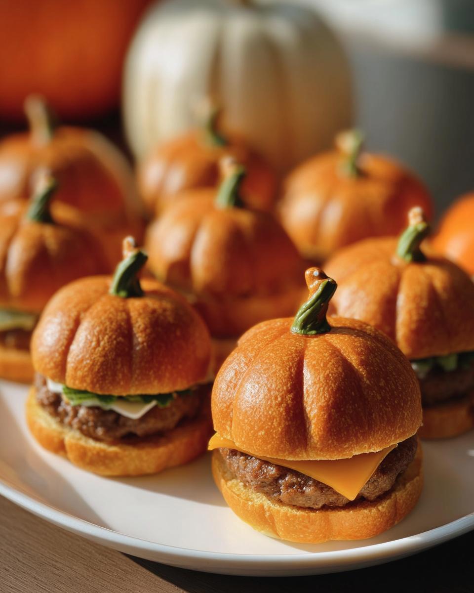 A batch of festive Pumpkin-Shaped Sliders Halloween treats on a white serving plate, ready to eat.