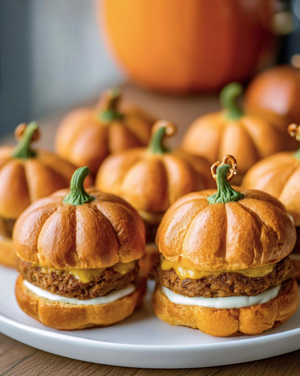 Festive Pumpkin-Shaped Sliders Halloween appetizer on a white plate, perfect for a party.