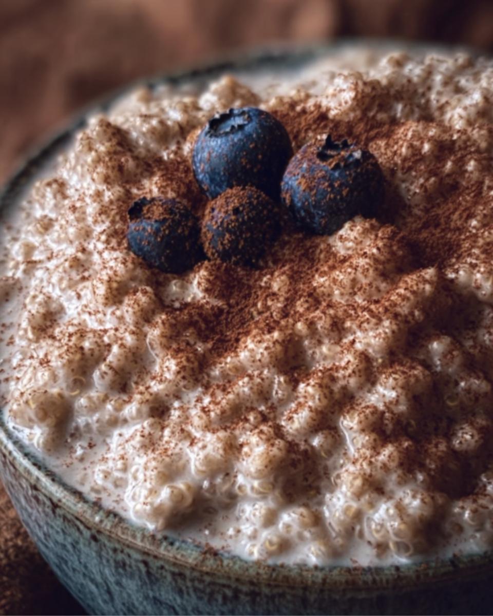 Close-up of Quinoa Pudding topped with fresh blueberries and a dusting of cinnamon.