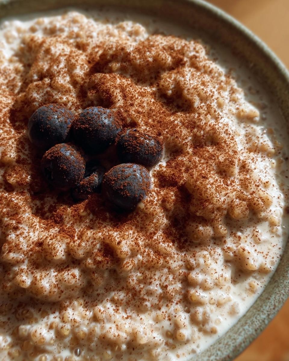 Close-up of creamy Quinoa Pudding topped with blueberries and a dusting of cinnamon.