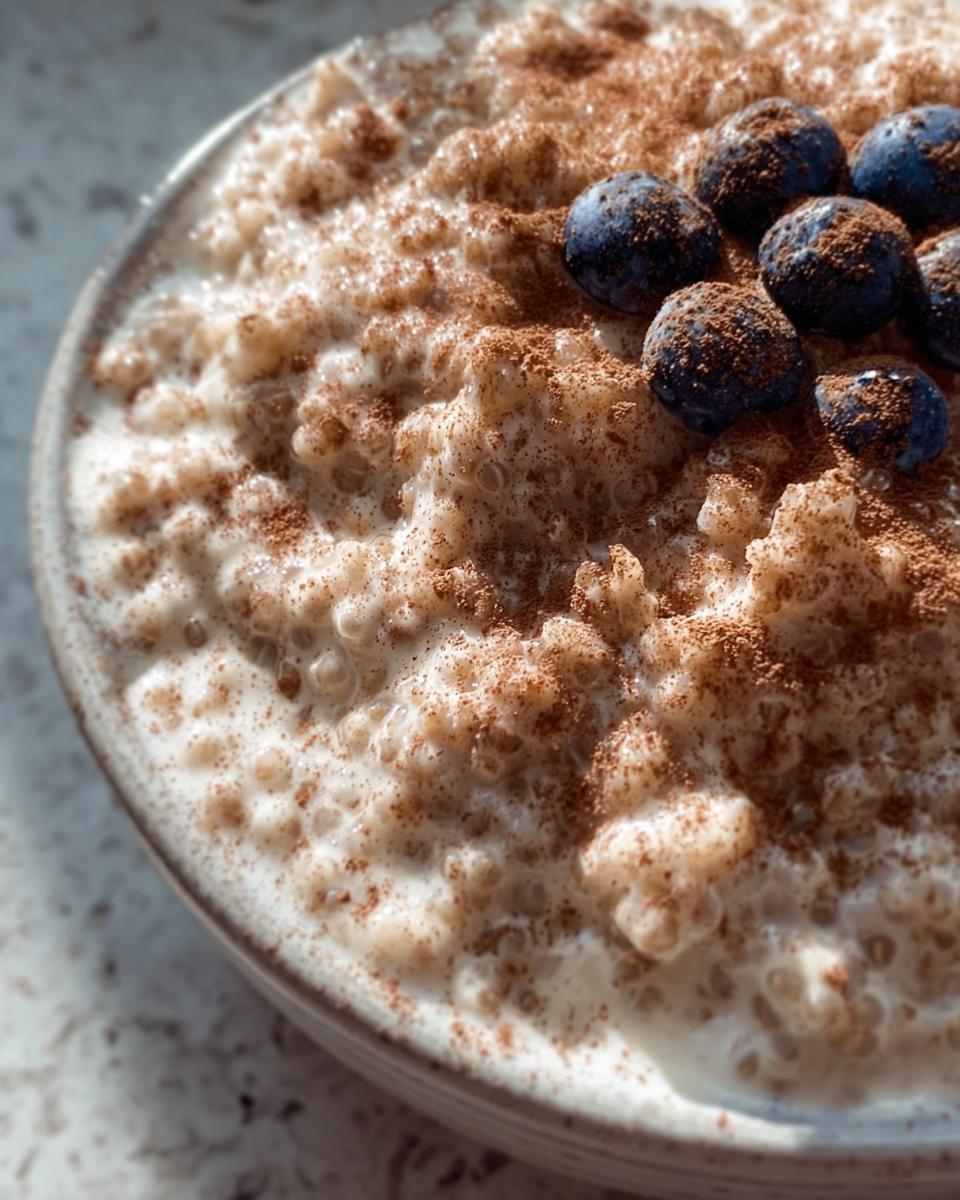 Close-up of Quinoa Pudding in a bowl, topped with blueberries and a dusting of cinnamon.