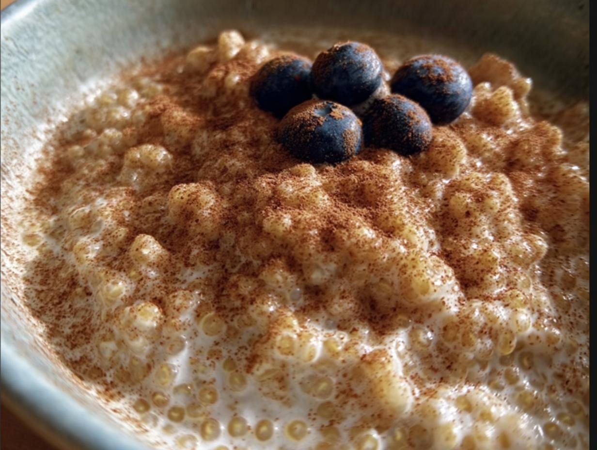 Close-up of Quinoa Pudding in a bowl, topped with cinnamon and fresh blueberries.