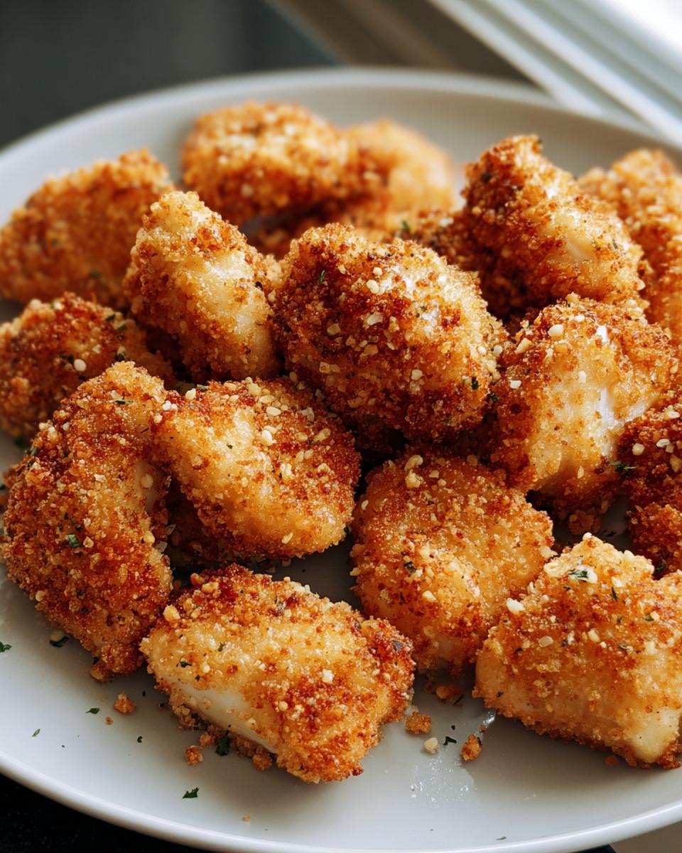 Close-up of Ranch-Crusted Chicken Bites on a plate, showcasing the crispy, golden-brown crust and tender chicken inside.