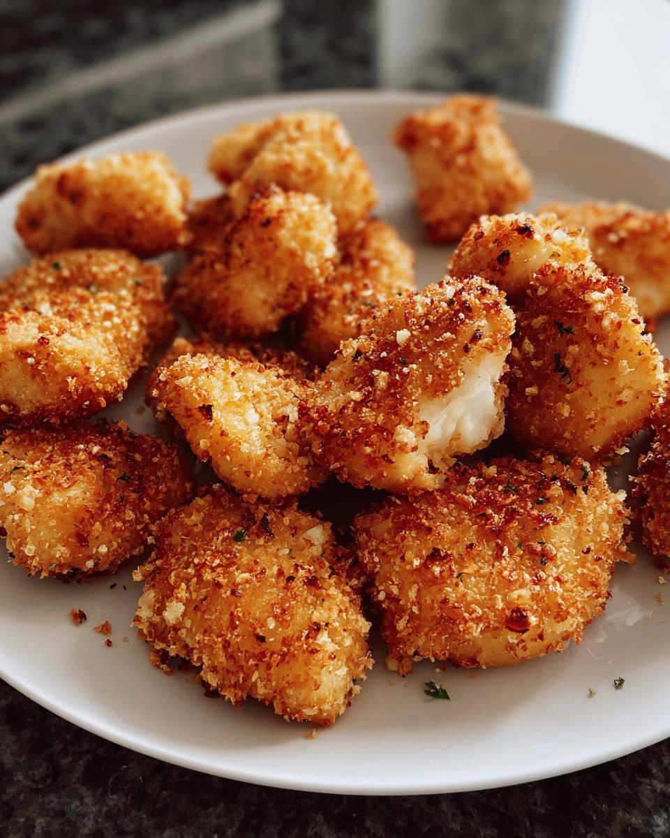 A plate of golden brown Ranch-Crusted Chicken Bites, perfect as an appetizer or snack.