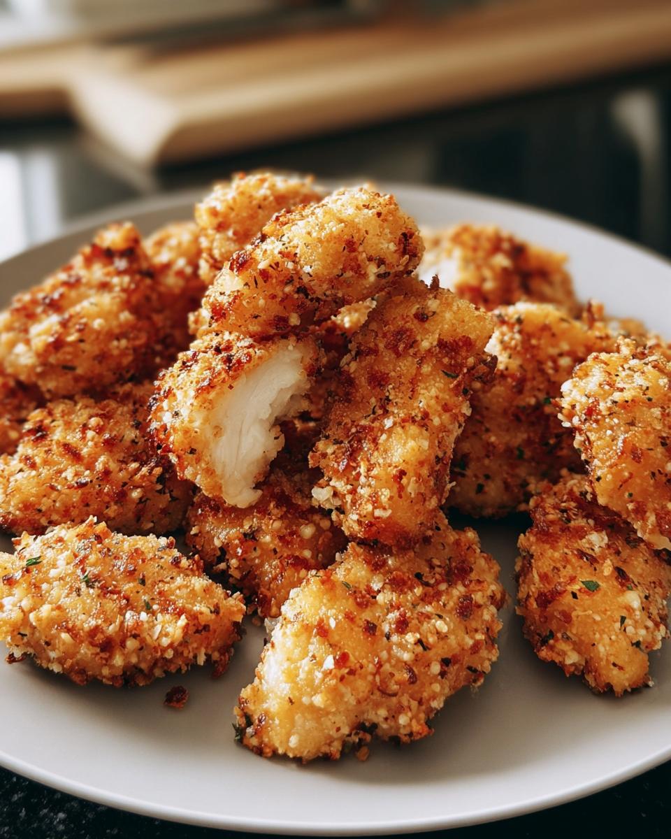 A plate piled high with golden Ranch-Crusted Chicken Bites, one broken open to show the juicy chicken inside.