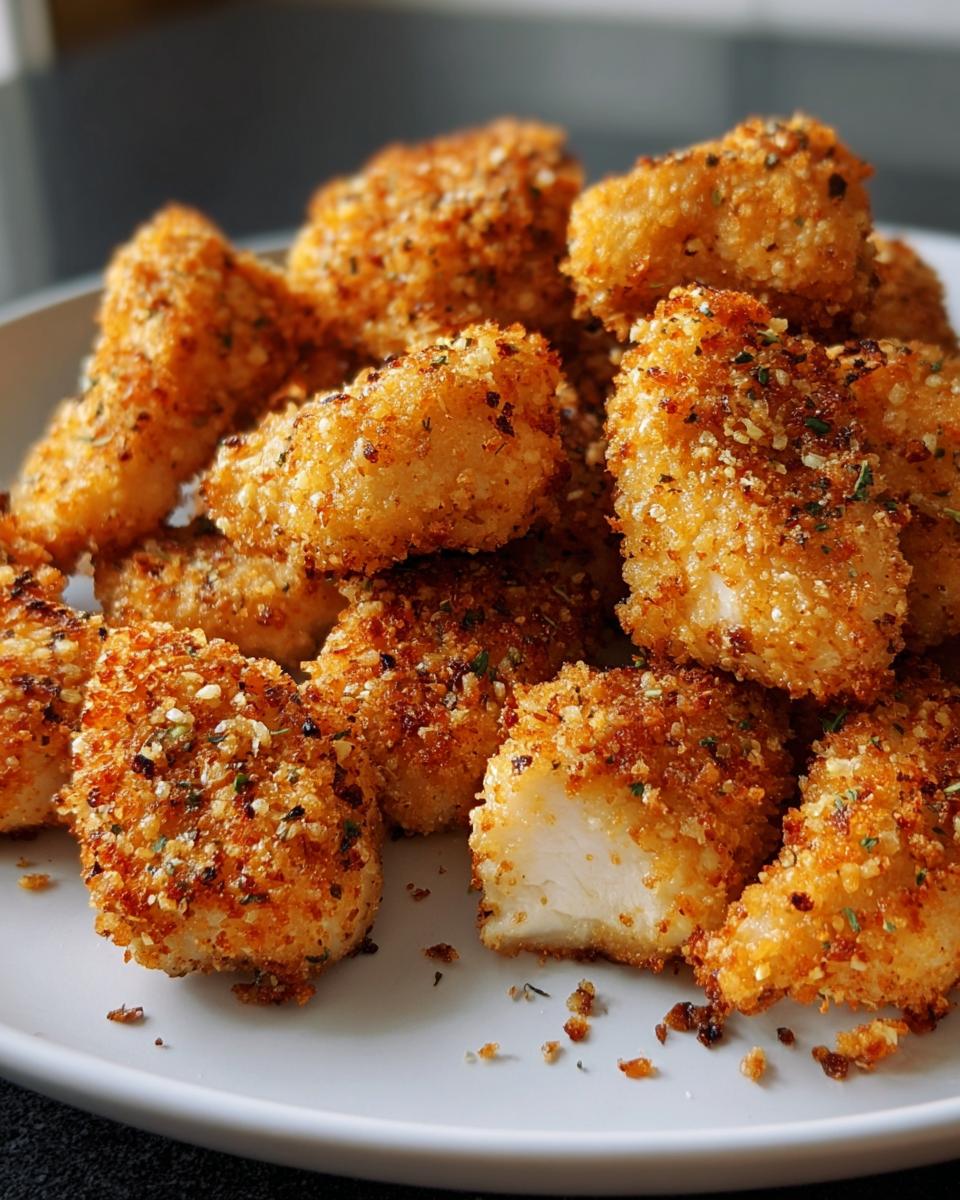 Pile of crispy Ranch-Crusted Chicken Bites on a white plate, showcasing the golden-brown crust and tender chicken inside.