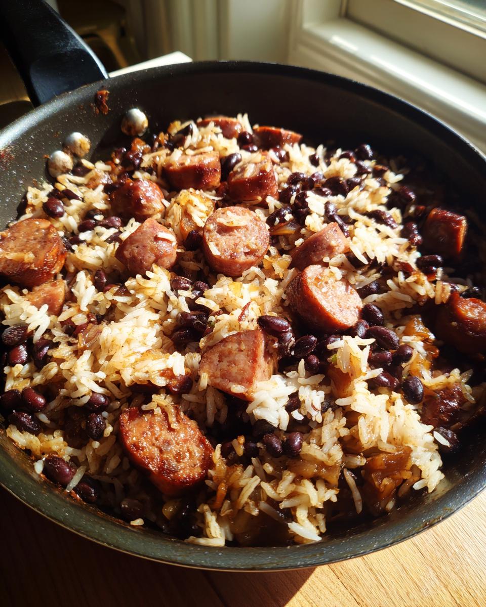 Rice, beans, and sausage in a pan, potentially a side dish for Caramelized Pulled Beef Brisket.