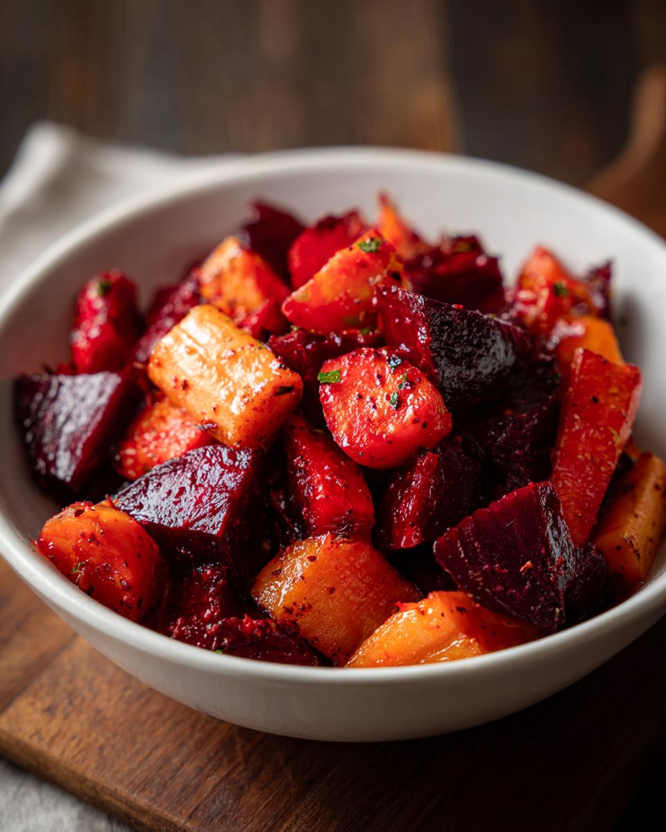 Close-up of Roasted Beets and Carrots Salad in a white bowl on a wooden board.