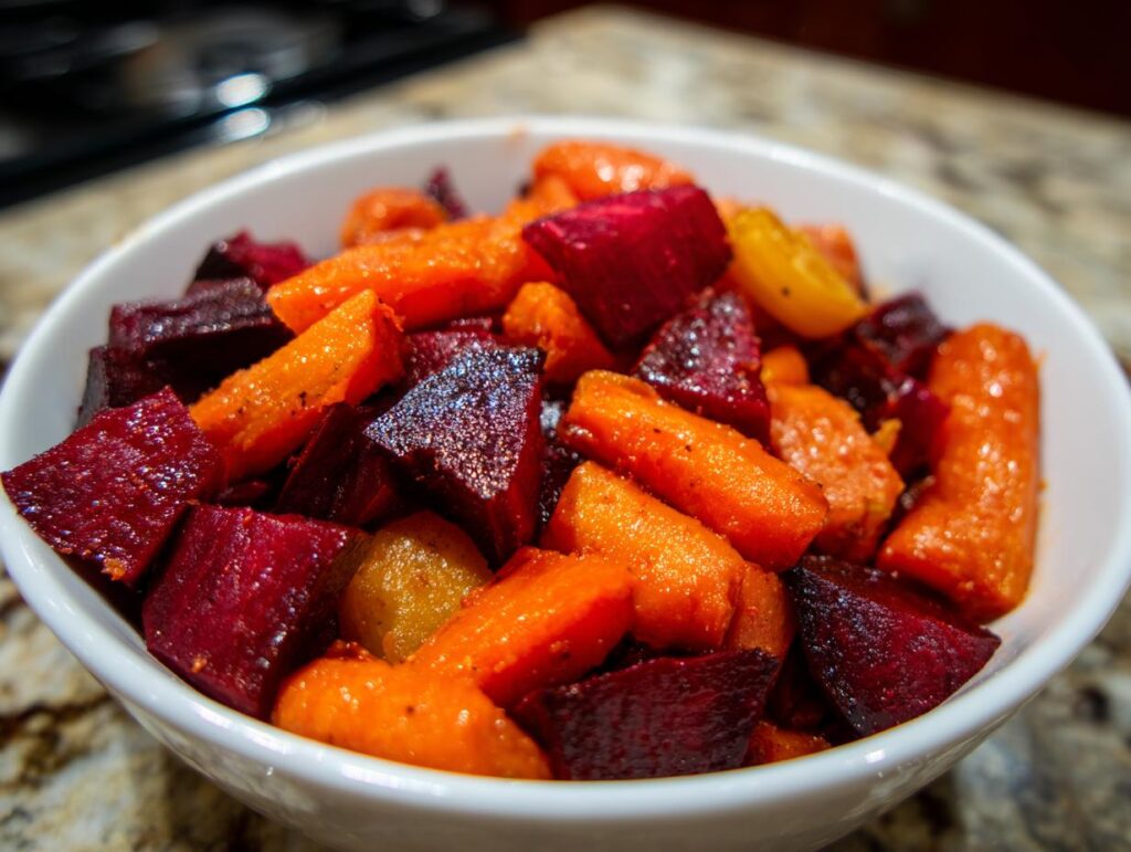 Close-up of Roasted Beets and Carrots Salad in a white bowl, showcasing the vibrant colors of the vegetables.