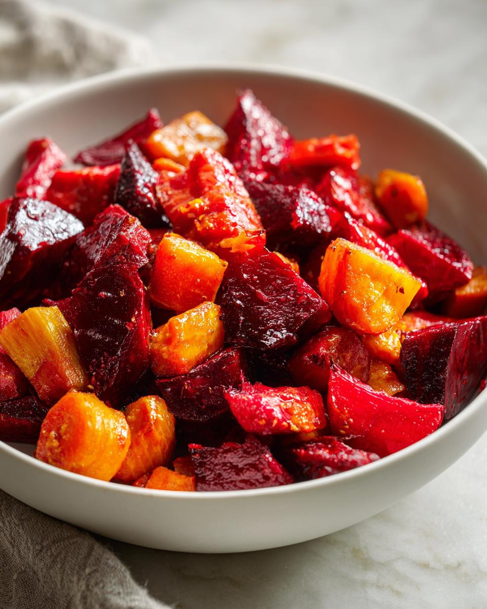 Close-up of a bowl filled with vibrant Roasted Beets and Carrots Salad.