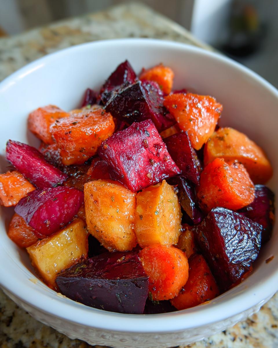 Close-up of a colorful Roasted Beets and Carrots Salad in a white bowl, seasoned with herbs.
