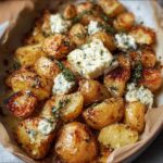 Close-up of Roasted Potatoes with Baked Feta, garnished with fresh thyme.