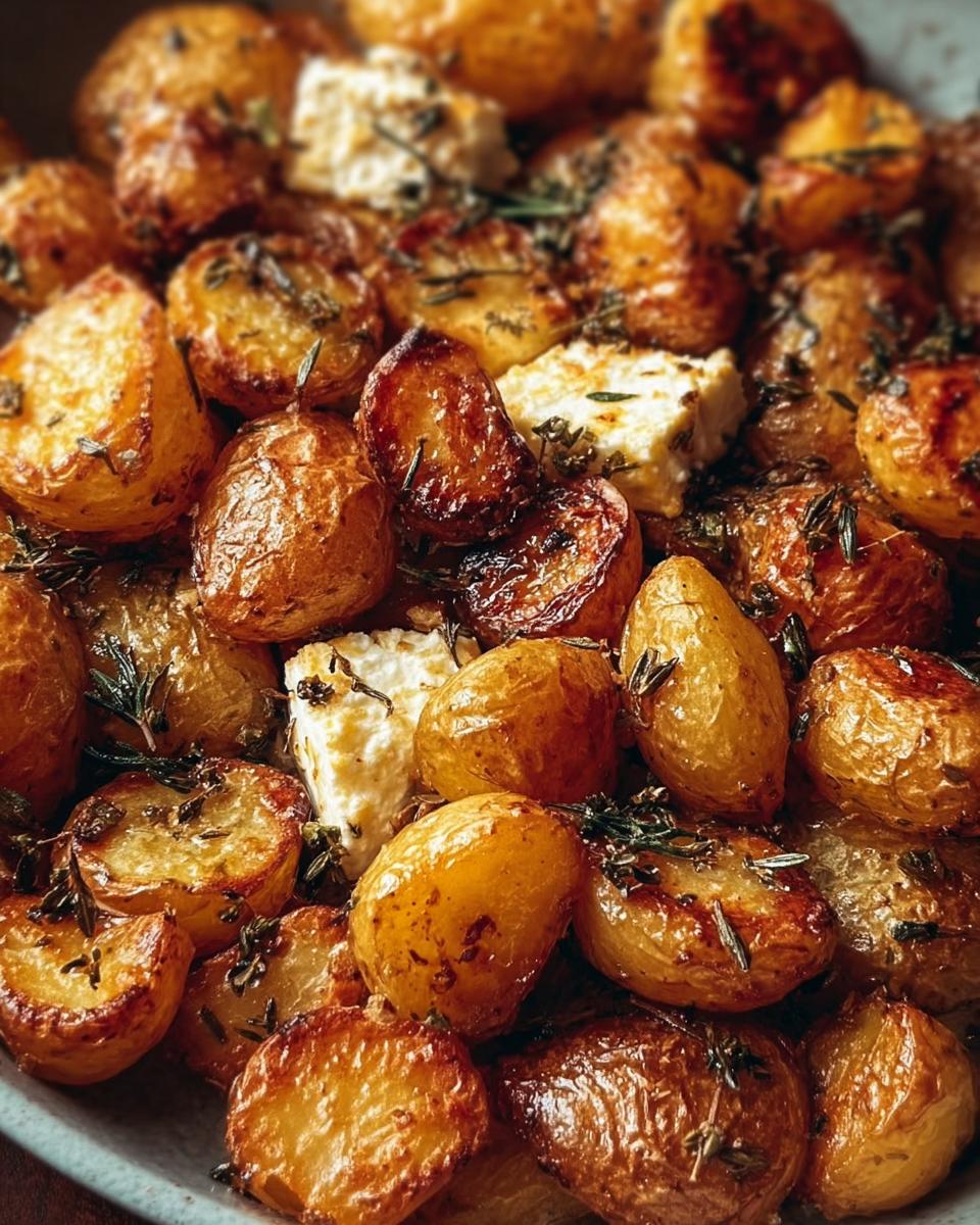 A close-up of golden roasted potatoes with baked feta, garnished with herbs. Delicious Roasted Potatoes with Baked Feta.