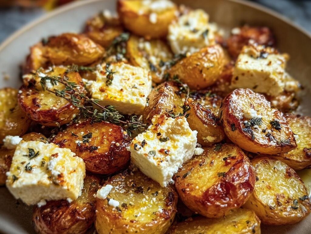 A close-up of Roasted Potatoes with Baked Feta, garnished with herbs and seasonings.