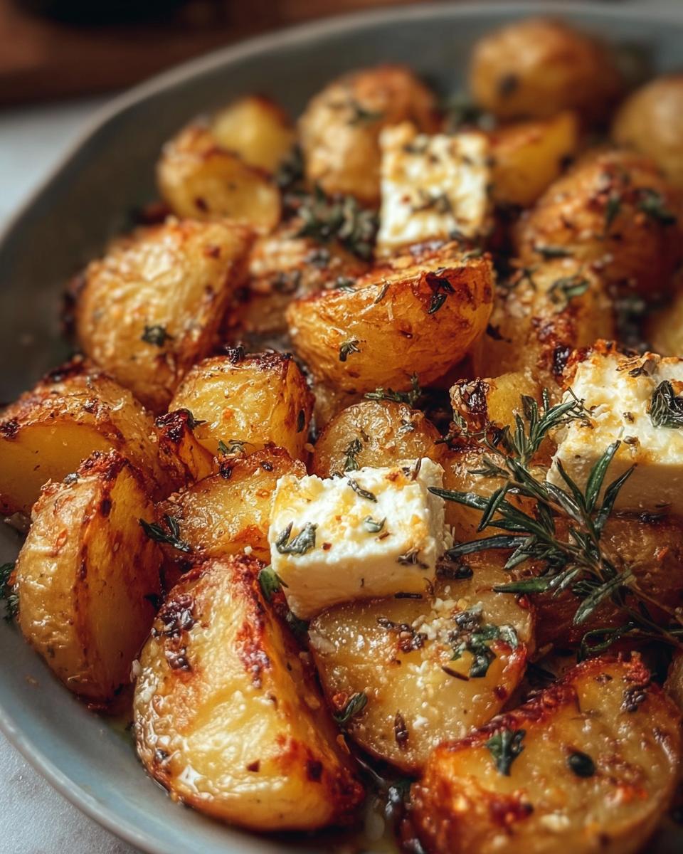 A close-up of golden Roasted Potatoes with Baked Feta, garnished with fresh herbs on a grey plate.