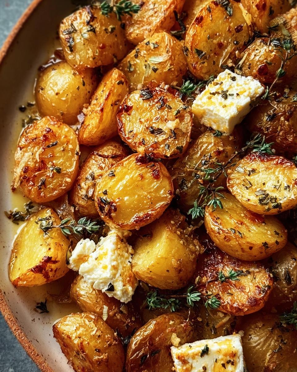 Close-up of golden Roasted Potatoes with Baked Feta, garnished with herbs and drizzled with oil.