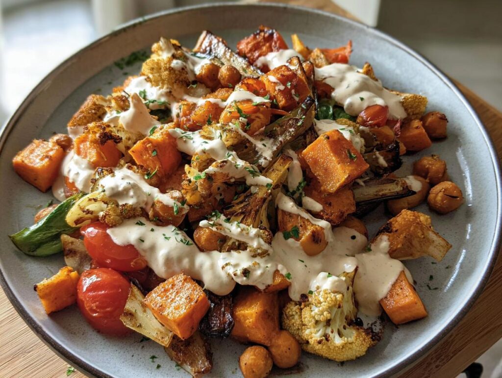 A vibrant bowl of Roasted Veggie, Tahini Yogurt, featuring roasted sweet potatoes, cauliflower, tomatoes, and chickpeas.