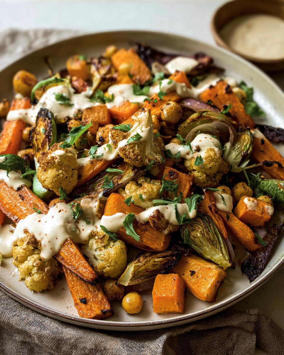 A platter of roasted veggie with tahini yogurt drizzled on top, featuring cauliflower, carrots, and brussel sprouts.