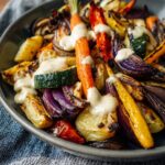 Close-up of Roasted Veggie with Tahini Yogurt Sauce, featuring colorful roasted vegetables and creamy sauce.