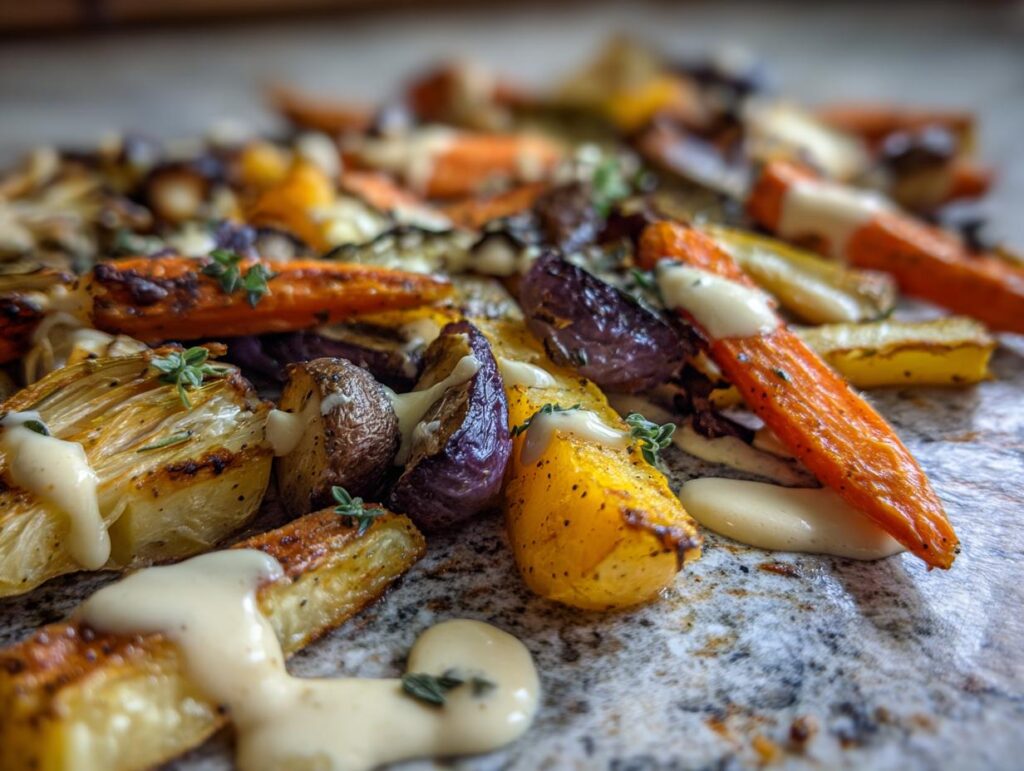 Close-up of Roasted Veggie drizzled with creamy Tahini Yogurt Sauce and garnished with fresh herbs.