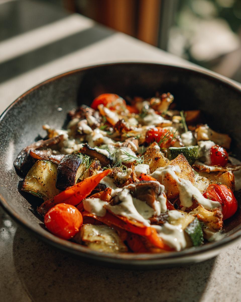 Bowl of Roasted Veggie with Tahini Yogurt Sauce, featuring colorful roasted vegetables and creamy tahini yogurt dressing.