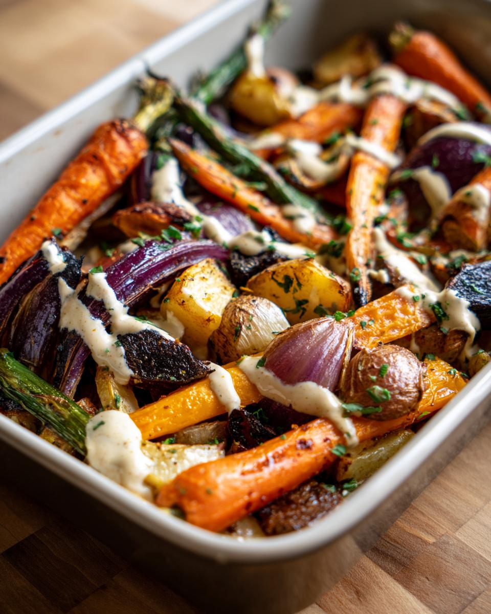 A pan of colorful Roasted Veggie with Tahini Yogurt Sauce, including carrots, potatoes, and red onions.