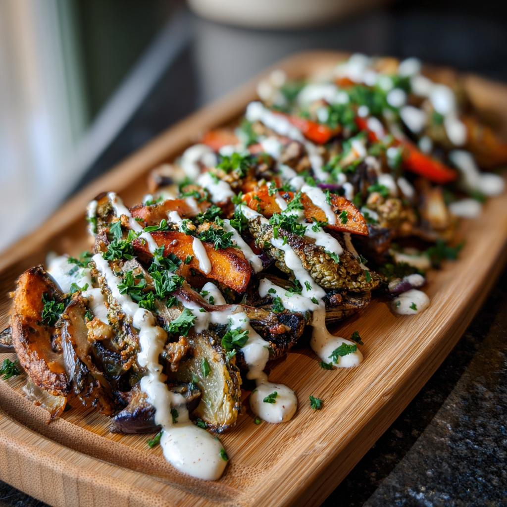 Wooden platter of Roasted Veggie, Tahini Yogurt Sauce, and fresh herbs.