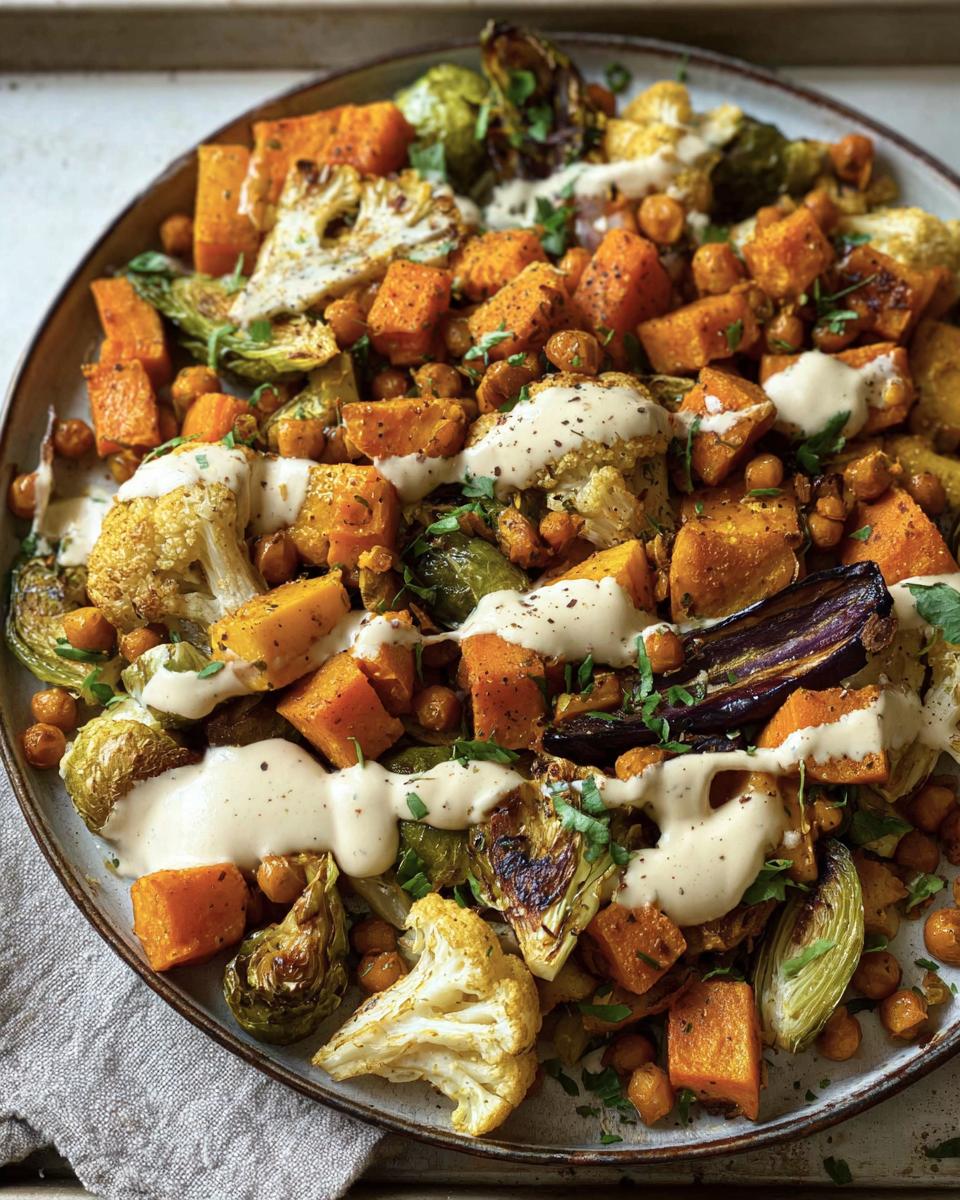 Overhead shot of a plate of Roasted Veggie, Tahini Yogurt with roasted cauliflower, brussel sprouts, and chickpeas.